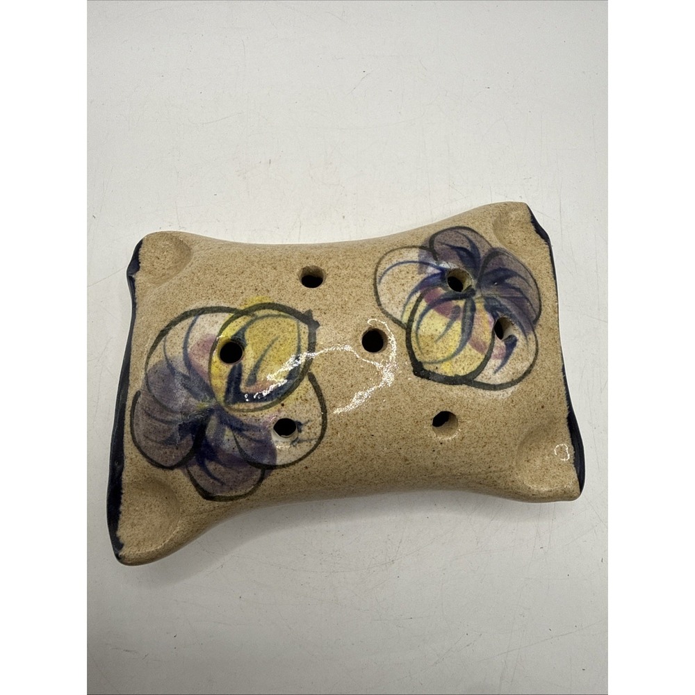 Vintage Pottery Pillow Flower Frog Hand Painted Pansy Floral 5"‎ Vase Handmade